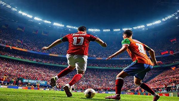 A high-definition image of a dramatic football stadium scene during the World Cup Qualifier match between Portugal and Armenia. The image features vibrant colors depicting the passionate fans, flags waving in the stands, and tense players in action on the pitch. Capture Portugal’s Cristiano Ronaldo poised for a powerful kick, while Armenia’s Henrikh Mkhitaryan strategizes nearby. The backdrop should highlight the electric atmosphere, showcasing banners, and the crowd's energy in a moment of anticipation for a climactic play.