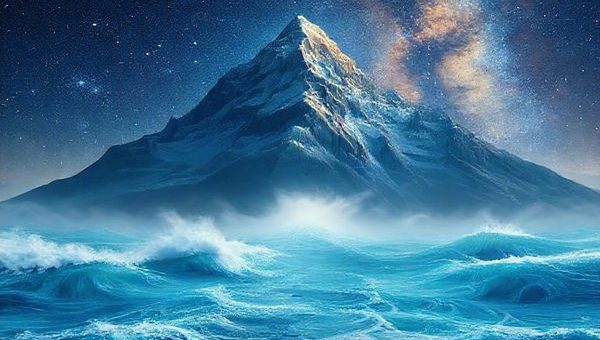 Create a high-definition image of a mystical landscape where the mountain of Capricorn meets the flowing ocean of Pisces. Visualize a majestic, towering mountain under a starlit sky, with ethereal waves gently lapping at its base, reflecting the shimmering constellations above. Include gentle wisps of cloud and swirling colors that evoke the emotional depth of Pisces, blending seamlessly with the grounded strength of Capricorn. Add elements like a pathway leading from the mountain into the ocean, symbolizing their connection, and infuse the scene with a sense of tranquility and harmony.