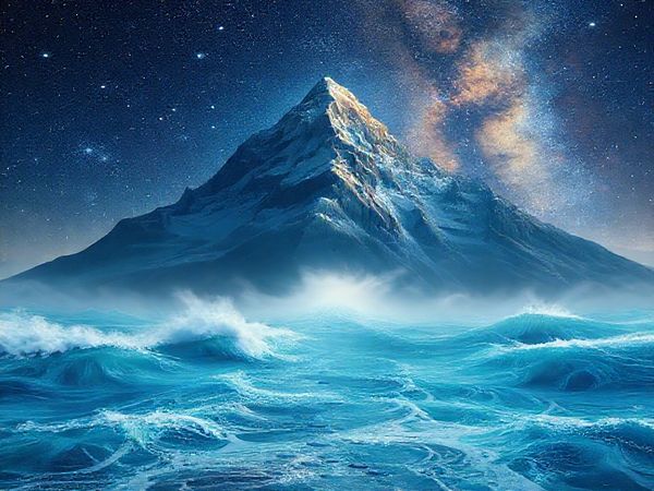 Create a high-definition image of a mystical landscape where the mountain of Capricorn meets the flowing ocean of Pisces. Visualize a majestic, towering mountain under a starlit sky, with ethereal waves gently lapping at its base, reflecting the shimmering constellations above. Include gentle wisps of cloud and swirling colors that evoke the emotional depth of Pisces, blending seamlessly with the grounded strength of Capricorn. Add elements like a pathway leading from the mountain into the ocean, symbolizing their connection, and infuse the scene with a sense of tranquility and harmony.