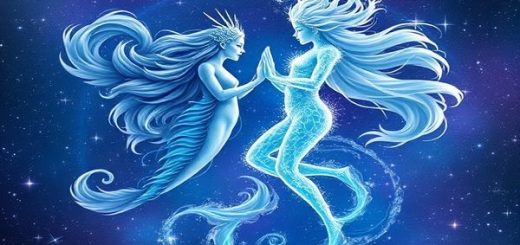 Create a high-definition image of a celestial dance between two ethereal beings representing Pisces and Aquarius. Pisces is depicted as a flowing, dreamy water creature, surrounded by swirling currents of blue and purple hues, embodying intuition and artistry. Aquarius stands as a vibrant, dynamic figure with electric sparks and a futuristic aura, symbolizing innovation and freedom. The backdrop is a shimmering cosmos, filled with stars and swirling galaxies, illustrating the mystical union of these two zodiac signs, where water and air beautifully intertwine in a harmonious dance.