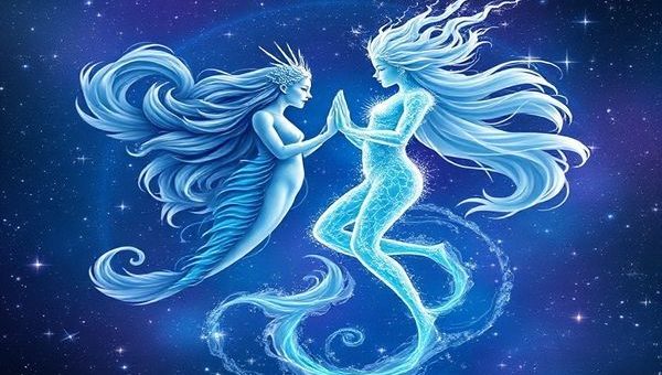 Create a high-definition image of a celestial dance between two ethereal beings representing Pisces and Aquarius. Pisces is depicted as a flowing, dreamy water creature, surrounded by swirling currents of blue and purple hues, embodying intuition and artistry. Aquarius stands as a vibrant, dynamic figure with electric sparks and a futuristic aura, symbolizing innovation and freedom. The backdrop is a shimmering cosmos, filled with stars and swirling galaxies, illustrating the mystical union of these two zodiac signs, where water and air beautifully intertwine in a harmonious dance.