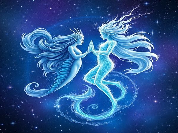 Create a high-definition image of a celestial dance between two ethereal beings representing Pisces and Aquarius. Pisces is depicted as a flowing, dreamy water creature, surrounded by swirling currents of blue and purple hues, embodying intuition and artistry. Aquarius stands as a vibrant, dynamic figure with electric sparks and a futuristic aura, symbolizing innovation and freedom. The backdrop is a shimmering cosmos, filled with stars and swirling galaxies, illustrating the mystical union of these two zodiac signs, where water and air beautifully intertwine in a harmonious dance.