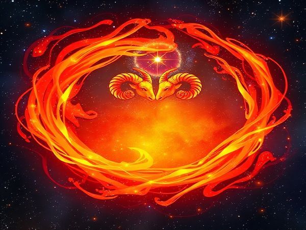 **Image Prompt:** Create a high-definition illustration of two fiery Aries constellations merging in a cosmic dance, their vibrant energy swirling together to form a breathtaking inferno of color and light. Depict a mesmerizing backdrop of deep space filled with stars, reflecting their intense connection and passion, showcasing bold reds, oranges, and golds that symbolize their dynamic relationship. The scene should radiate a sense of adventure, enthusiasm, and the thrill of their shared journey through life.