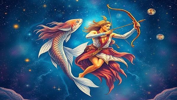 Create a high definition image of a celestial scene depicting Pisces and Sagittarius intertwined in a cosmic dance under a starry sky. Visualize Pisces as an ethereal, flowing figure surrounded by shimmering waves and colorful hues, representing the ocean of emotions. Sagittarius is portrayed as a vibrant, fiery presence, resembling a dynamic archer with a bow drawn, radiating warmth and adventure. The background should feature a tapestry of stars, planets, and celestial symbols, blending elements of water and fire, evoking a sense of love and connection between these two zodiac signs in a magical, dreamlike atmosphere.