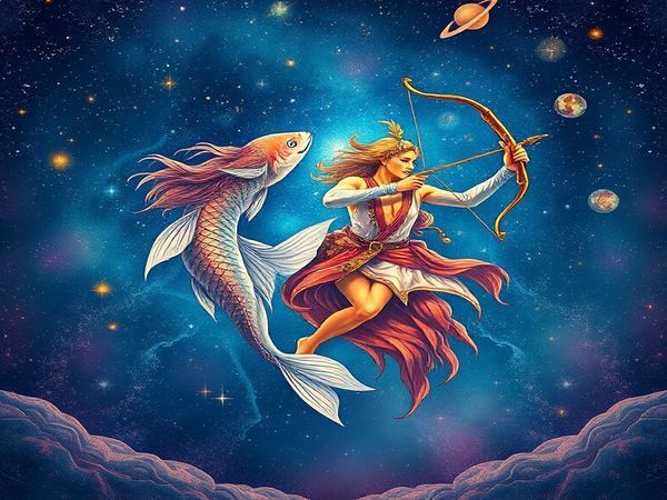 Create a high definition image of a celestial scene depicting Pisces and Sagittarius intertwined in a cosmic dance under a starry sky. Visualize Pisces as an ethereal, flowing figure surrounded by shimmering waves and colorful hues, representing the ocean of emotions. Sagittarius is portrayed as a vibrant, fiery presence, resembling a dynamic archer with a bow drawn, radiating warmth and adventure. The background should feature a tapestry of stars, planets, and celestial symbols, blending elements of water and fire, evoking a sense of love and connection between these two zodiac signs in a magical, dreamlike atmosphere.