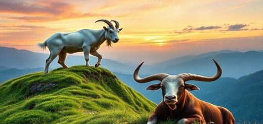 Create a high definition image of a serene landscape where a majestic mountain goat, representing Capricorn, climbs a lush, green hillside. Nearby, a strong and gentle bull, symbolizing Taurus, rests peacefully amidst vibrant flowers and rich soil. The sky above is painted with soft hues of sunset, while a cosmic tapestry of stars twinkles above, reflecting the celestial connection of these two earth signs. The scene exudes a sense of harmony, stability, and timeless love, inviting viewers into the tranquil world of Capricorn and Taurus.