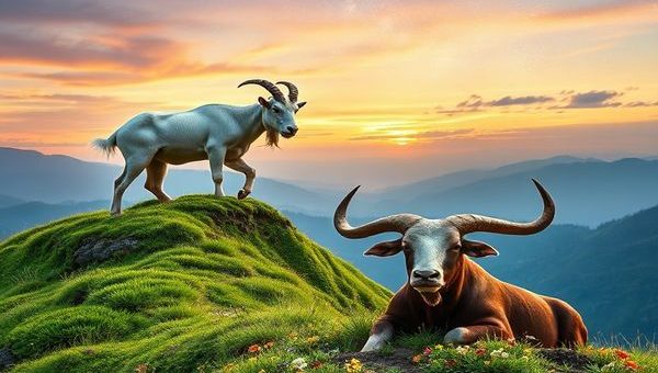 Create a high definition image of a serene landscape where a majestic mountain goat, representing Capricorn, climbs a lush, green hillside. Nearby, a strong and gentle bull, symbolizing Taurus, rests peacefully amidst vibrant flowers and rich soil. The sky above is painted with soft hues of sunset, while a cosmic tapestry of stars twinkles above, reflecting the celestial connection of these two earth signs. The scene exudes a sense of harmony, stability, and timeless love, inviting viewers into the tranquil world of Capricorn and Taurus.