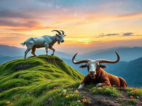 Create a high definition image of a serene landscape where a majestic mountain goat, representing Capricorn, climbs a lush, green hillside. Nearby, a strong and gentle bull, symbolizing Taurus, rests peacefully amidst vibrant flowers and rich soil. The sky above is painted with soft hues of sunset, while a cosmic tapestry of stars twinkles above, reflecting the celestial connection of these two earth signs. The scene exudes a sense of harmony, stability, and timeless love, inviting viewers into the tranquil world of Capricorn and Taurus.