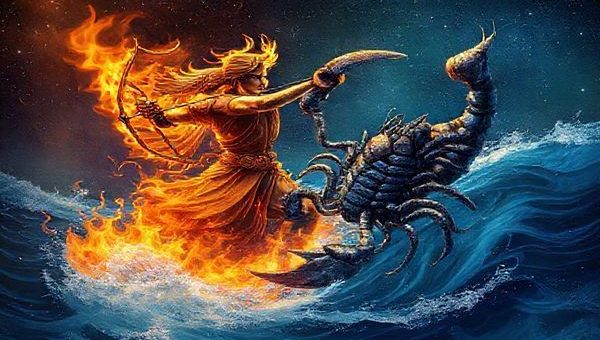 Create a high definition image depicting the cosmic dance between Sagittarius, represented as a bold archer surrounded by flames, and Scorpio, portrayed as a mysterious scorpion set against deep, flowing waters. The scene should capture the contrasting energies of fire and water, with vibrant colors symbolizing Sagittarius' adventurous spirit and Scorpio's enigmatic depth. Incorporate celestial elements like stars and constellations to enhance the cosmic theme, illustrating the intricate waltz of their personalities in a harmonious yet dynamic composition.