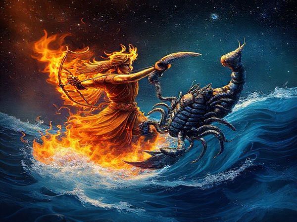 Create a high definition image depicting the cosmic dance between Sagittarius, represented as a bold archer surrounded by flames, and Scorpio, portrayed as a mysterious scorpion set against deep, flowing waters. The scene should capture the contrasting energies of fire and water, with vibrant colors symbolizing Sagittarius' adventurous spirit and Scorpio's enigmatic depth. Incorporate celestial elements like stars and constellations to enhance the cosmic theme, illustrating the intricate waltz of their personalities in a harmonious yet dynamic composition.