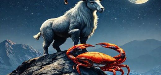 Create a high-definition image depicting the celestial harmony between Capricorn and Cancer. Visualize Capricorn as a majestic mountain goat standing resolutely on a rugged peak, embodying strength and ambition, while Cancer is represented by a gentle, nurturing crab, cradled by the shimmering tides of a moonlit sea. The scene should intertwine earth and water, showcasing the dance of practicality and emotion, with stars twinkling above in a cosmic tapestry, reflecting their profound connection and love.