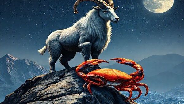 Create a high-definition image depicting the celestial harmony between Capricorn and Cancer. Visualize Capricorn as a majestic mountain goat standing resolutely on a rugged peak, embodying strength and ambition, while Cancer is represented by a gentle, nurturing crab, cradled by the shimmering tides of a moonlit sea. The scene should intertwine earth and water, showcasing the dance of practicality and emotion, with stars twinkling above in a cosmic tapestry, reflecting their profound connection and love.