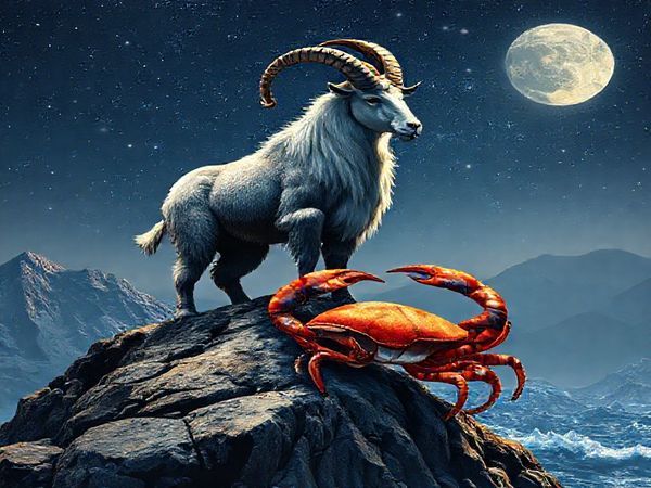 Create a high-definition image depicting the celestial harmony between Capricorn and Cancer. Visualize Capricorn as a majestic mountain goat standing resolutely on a rugged peak, embodying strength and ambition, while Cancer is represented by a gentle, nurturing crab, cradled by the shimmering tides of a moonlit sea. The scene should intertwine earth and water, showcasing the dance of practicality and emotion, with stars twinkling above in a cosmic tapestry, reflecting their profound connection and love.