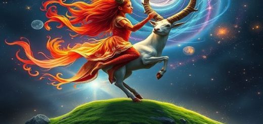 A vivid cosmic ballet showcasing the dynamic dance between fiery Aries and grounded Taurus. Imagine Aries as a blazing warrior with fiery horns, leaping through a starry sky, while Taurus, depicted as a serene creature with majestic horns, stands firmly on a lush, verdant earth beneath. Swirling galaxies and twinkling stars illuminate their paths, creating a magical blend of energy and stability. The scene should capture the essence of their contrasting yet harmonious relationship, infused with a sense of love and adventure. Please create this image in high definition.