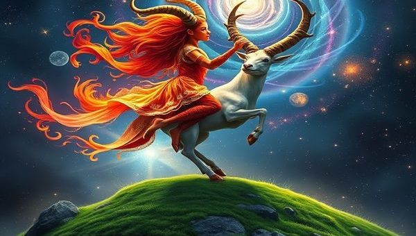 A vivid cosmic ballet showcasing the dynamic dance between fiery Aries and grounded Taurus. Imagine Aries as a blazing warrior with fiery horns, leaping through a starry sky, while Taurus, depicted as a serene creature with majestic horns, stands firmly on a lush, verdant earth beneath. Swirling galaxies and twinkling stars illuminate their paths, creating a magical blend of energy and stability. The scene should capture the essence of their contrasting yet harmonious relationship, infused with a sense of love and adventure. Please create this image in high definition.