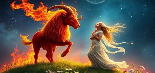 Create a high definition image of a celestial scene depicting a fiery ram representing Aries blazing through a starry sky, surrounded by vibrant flames, while on the ground, a serene maiden symbolizes Virgo, surrounded by lush greenery and delicate flowers. The background should feature a mystical blend of stars and planets, suggesting the cosmic connection between the two signs. Their contrasting energies should flow into a harmonious dance, with colors representing both fire and earth, merging into a beautiful tapestry of love and duality.