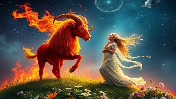 Create a high definition image of a celestial scene depicting a fiery ram representing Aries blazing through a starry sky, surrounded by vibrant flames, while on the ground, a serene maiden symbolizes Virgo, surrounded by lush greenery and delicate flowers. The background should feature a mystical blend of stars and planets, suggesting the cosmic connection between the two signs. Their contrasting energies should flow into a harmonious dance, with colors representing both fire and earth, merging into a beautiful tapestry of love and duality.