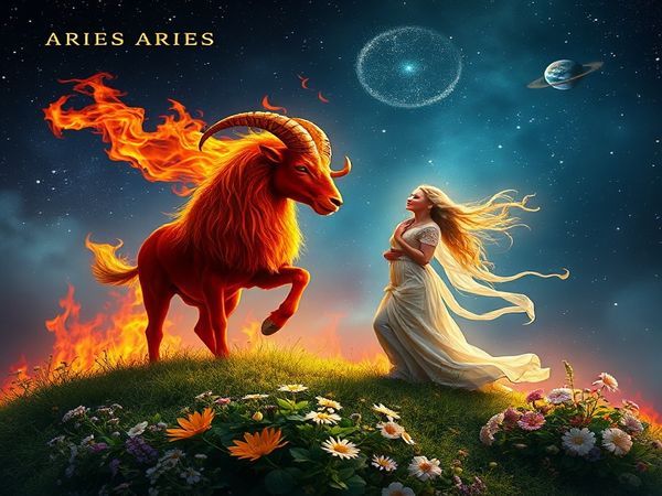 Create a high definition image of a celestial scene depicting a fiery ram representing Aries blazing through a starry sky, surrounded by vibrant flames, while on the ground, a serene maiden symbolizes Virgo, surrounded by lush greenery and delicate flowers. The background should feature a mystical blend of stars and planets, suggesting the cosmic connection between the two signs. Their contrasting energies should flow into a harmonious dance, with colors representing both fire and earth, merging into a beautiful tapestry of love and duality.