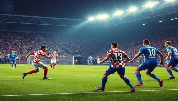 A dramatic football scene depicting the intense atmosphere of a World Cup Qualifier match between Croatia and the Faroe Islands, showcasing Croatian players in their iconic red and white checkerboard jerseys fluidly orchestrating the game, while the Faroe Islands team, in their blue kits, fiercely defends against them. The stadium is packed with passionate fans, flags waving, and the bright stadium lights illuminating the field. Include elements of tension and strategy as they clash in a battle of skill versus determination. Make the image in high definition.