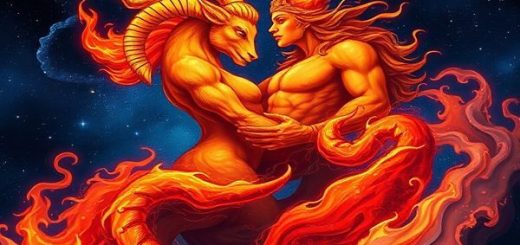 A breathtaking high-definition scene of a cosmic dance between fiery Aries and enigmatic Scorpio, illustrated as vibrant flames and deep, flowing waters intertwining against a starry night sky. Aries, depicted as a bold, radiant figure exuding energy, contrasts with the mysterious, shadowy form of Scorpio, whose eyes shimmer with secrets. The background features swirling galaxies and celestial bodies, symbolizing their shared planetary rulerships, while bursts of color represent their powerful emotional connection. The entire composition conveys a harmonious blend of passion and depth, evoking the enchanting balance of fire and water.