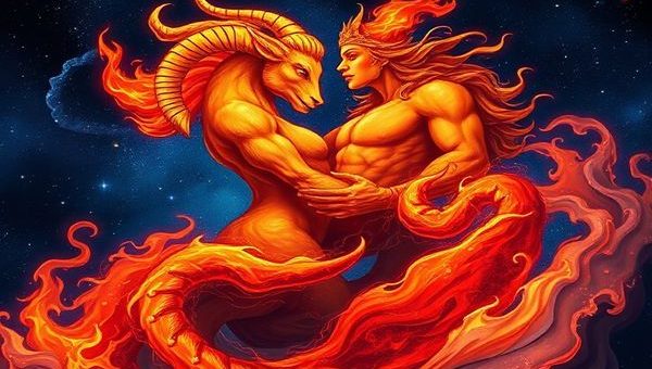 A breathtaking high-definition scene of a cosmic dance between fiery Aries and enigmatic Scorpio, illustrated as vibrant flames and deep, flowing waters intertwining against a starry night sky. Aries, depicted as a bold, radiant figure exuding energy, contrasts with the mysterious, shadowy form of Scorpio, whose eyes shimmer with secrets. The background features swirling galaxies and celestial bodies, symbolizing their shared planetary rulerships, while bursts of color represent their powerful emotional connection. The entire composition conveys a harmonious blend of passion and depth, evoking the enchanting balance of fire and water.