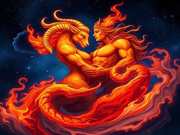 A breathtaking high-definition scene of a cosmic dance between fiery Aries and enigmatic Scorpio, illustrated as vibrant flames and deep, flowing waters intertwining against a starry night sky. Aries, depicted as a bold, radiant figure exuding energy, contrasts with the mysterious, shadowy form of Scorpio, whose eyes shimmer with secrets. The background features swirling galaxies and celestial bodies, symbolizing their shared planetary rulerships, while bursts of color represent their powerful emotional connection. The entire composition conveys a harmonious blend of passion and depth, evoking the enchanting balance of fire and water.