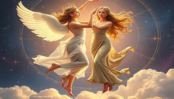 A celestial scene depicting Libra and Virgo gracefully dancing among the stars, Libra represented as a shimmering figure embodying air and beauty, while Virgo is depicted as a grounded, earthy being radiating wisdom. The background is filled with ethereal clouds and twinkling constellations, illustrating their harmonious connection. High definition, capturing intricate details of their expressions and the celestial landscape surrounding them.