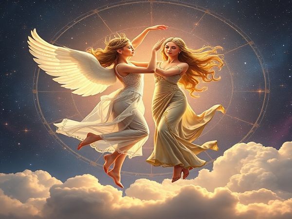 A celestial scene depicting Libra and Virgo gracefully dancing among the stars, Libra represented as a shimmering figure embodying air and beauty, while Virgo is depicted as a grounded, earthy being radiating wisdom. The background is filled with ethereal clouds and twinkling constellations, illustrating their harmonious connection. High definition, capturing intricate details of their expressions and the celestial landscape surrounding them.