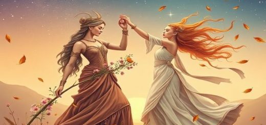 Create a high-definition image depicting the celestial dance of Virgo and Libra. Visualize Virgo as a grounded figure adorned in earthy tones, meticulously arranging delicate flowers under a starry sky. Beside them, Libra is portrayed as a graceful figure in flowing, airy fabrics, surrounded by gently falling autumn leaves, embodying harmony and beauty. The background should blend the rich hues of summer transitioning into the soft, warm colors of autumn, illustrating their connection in the cosmos.