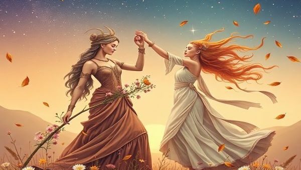 Create a high-definition image depicting the celestial dance of Virgo and Libra. Visualize Virgo as a grounded figure adorned in earthy tones, meticulously arranging delicate flowers under a starry sky. Beside them, Libra is portrayed as a graceful figure in flowing, airy fabrics, surrounded by gently falling autumn leaves, embodying harmony and beauty. The background should blend the rich hues of summer transitioning into the soft, warm colors of autumn, illustrating their connection in the cosmos.