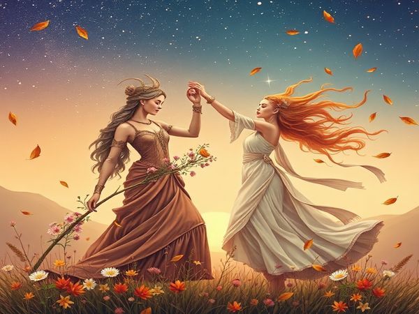 Create a high-definition image depicting the celestial dance of Virgo and Libra. Visualize Virgo as a grounded figure adorned in earthy tones, meticulously arranging delicate flowers under a starry sky. Beside them, Libra is portrayed as a graceful figure in flowing, airy fabrics, surrounded by gently falling autumn leaves, embodying harmony and beauty. The background should blend the rich hues of summer transitioning into the soft, warm colors of autumn, illustrating their connection in the cosmos.