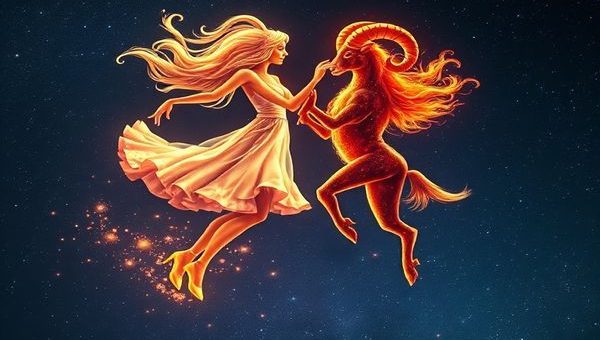 A celestial scene depicting an ethereal dance between Gemini and Aries in a starry night sky. Gemini, represented as a whimsical figure made of airy clouds, twirls gracefully, while Aries, symbolized by a fiery ram, charges forward with determination. The background glimmers with stardust and cosmic energy, illustrating their dynamic connection and contrasting natures. Infuse the image with vibrant colors that reflect both air and fire elements, capturing the essence of adventure and playful dialogue between them. Create this enchanting scene in high definition.