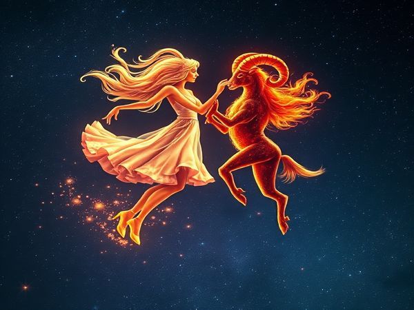 A celestial scene depicting an ethereal dance between Gemini and Aries in a starry night sky. Gemini, represented as a whimsical figure made of airy clouds, twirls gracefully, while Aries, symbolized by a fiery ram, charges forward with determination. The background glimmers with stardust and cosmic energy, illustrating their dynamic connection and contrasting natures. Infuse the image with vibrant colors that reflect both air and fire elements, capturing the essence of adventure and playful dialogue between them. Create this enchanting scene in high definition.
