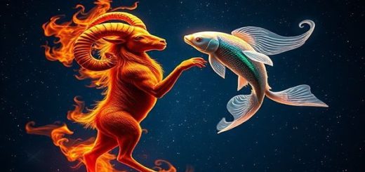 Create a high definition image of a cosmic dance between the fiery ram of Aries and the ethereal fish of Pisces against a starry night sky. Show Aries radiating with vibrant flames, embodying strength and ambition, while Pisces gracefully swims through soft, flowing waters, evoking dreams and intuition. Capture the enchanting contrast of fire and water, intertwining in a mystical harmony, with twinkling stars illuminating their passionate union. The scene should reflect a sense of deep emotional connection and romance, creating a beautiful tapestry of their celestial relationship.