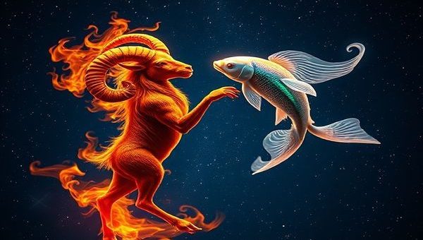 Create a high definition image of a cosmic dance between the fiery ram of Aries and the ethereal fish of Pisces against a starry night sky. Show Aries radiating with vibrant flames, embodying strength and ambition, while Pisces gracefully swims through soft, flowing waters, evoking dreams and intuition. Capture the enchanting contrast of fire and water, intertwining in a mystical harmony, with twinkling stars illuminating their passionate union. The scene should reflect a sense of deep emotional connection and romance, creating a beautiful tapestry of their celestial relationship.