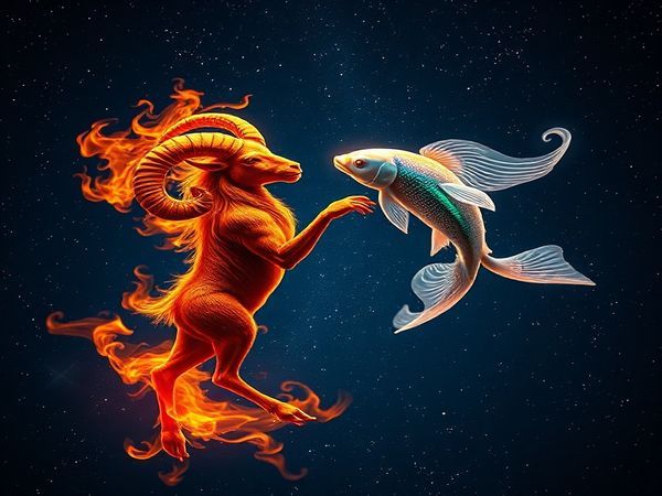 Create a high definition image of a cosmic dance between the fiery ram of Aries and the ethereal fish of Pisces against a starry night sky. Show Aries radiating with vibrant flames, embodying strength and ambition, while Pisces gracefully swims through soft, flowing waters, evoking dreams and intuition. Capture the enchanting contrast of fire and water, intertwining in a mystical harmony, with twinkling stars illuminating their passionate union. The scene should reflect a sense of deep emotional connection and romance, creating a beautiful tapestry of their celestial relationship.