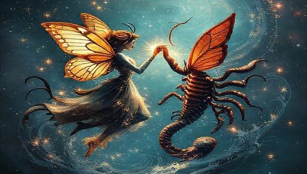 Create a high definition image of a cosmic dance between the zodiac signs Gemini and Scorpio. Depict Gemini as a vibrant, playful butterfly fluttering through sparkling air, embodying curiosity and intellect. Contrast this with Scorpio, portrayed as a powerful, enigmatic figure emerging from dark waters, radiating depth and passion. Surround them with swirling stars and celestial patterns, capturing the dynamic interplay of light and shadow as they navigate their complex relationship. Include cosmic elements like constellations and ethereal hues to enhance the mystical atmosphere.
