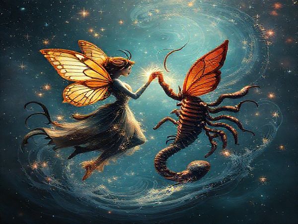 Create a high definition image of a cosmic dance between the zodiac signs Gemini and Scorpio. Depict Gemini as a vibrant, playful butterfly fluttering through sparkling air, embodying curiosity and intellect. Contrast this with Scorpio, portrayed as a powerful, enigmatic figure emerging from dark waters, radiating depth and passion. Surround them with swirling stars and celestial patterns, capturing the dynamic interplay of light and shadow as they navigate their complex relationship. Include cosmic elements like constellations and ethereal hues to enhance the mystical atmosphere.