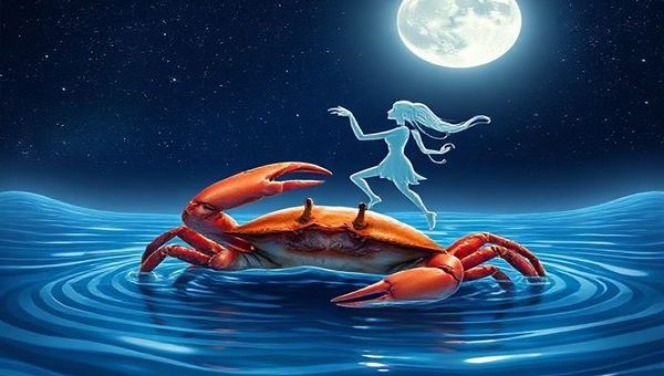 Create a high-definition image depicting the cosmic dance of Cancer and Gemini, symbolized by a gentle Cancer crab emerging from serene water intertwined with the playful winds represented by a whimsical Gemini figure. The backdrop is a starry night sky illuminated by a glowing moon, casting soft light over a harmonious blend of water and air elements. Elements of whimsy, such as swirling stars and flowing waves, enhance the theme of balance between emotion and intellect, while a tapestry of vibrant colors captures the essence of their unique union.