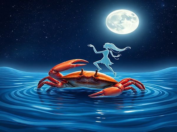 Create a high-definition image depicting the cosmic dance of Cancer and Gemini, symbolized by a gentle Cancer crab emerging from serene water intertwined with the playful winds represented by a whimsical Gemini figure. The backdrop is a starry night sky illuminated by a glowing moon, casting soft light over a harmonious blend of water and air elements. Elements of whimsy, such as swirling stars and flowing waves, enhance the theme of balance between emotion and intellect, while a tapestry of vibrant colors captures the essence of their unique union.