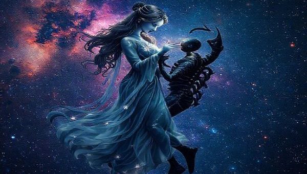 Create a high definition image of a mystical celestial dance between a Virgo and Scorpio, represented as ethereal figures entwined in a cosmic embrace. The background features a starry night sky filled with vibrant nebulae and constellations, with Virgo adorned in flowing, starlit robes and Scorpio depicted as a shadowy, intense figure with glowing eyes. Their connection radiates energy, symbolizing the enigmatic bond of their astrological signs.