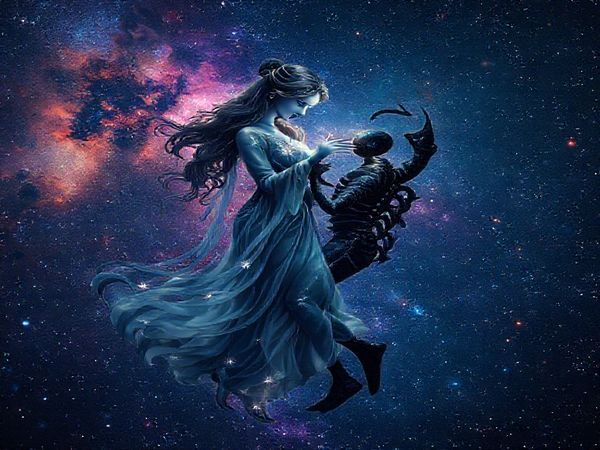 Create a high definition image of a mystical celestial dance between a Virgo and Scorpio, represented as ethereal figures entwined in a cosmic embrace. The background features a starry night sky filled with vibrant nebulae and constellations, with Virgo adorned in flowing, starlit robes and Scorpio depicted as a shadowy, intense figure with glowing eyes. Their connection radiates energy, symbolizing the enigmatic bond of their astrological signs.