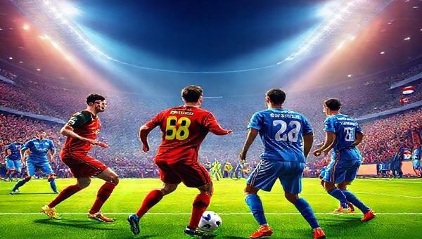 **Image Prompt:** A vibrant, high-definition illustration depicting a football match under the bright lights of a stadium. On one side, a group of determined Belgian players in red kits showcasing their attacking flair, with star players like Kevin De Bruyne orchestrating play. On the opposite side, resilient Liechtenstein players in blue kits, representing their underdog spirit with a compact defensive formation. The pitch is marked by tension and energy, with fans in the background eagerly cheering for both teams. The scene captures the dramatic contrast between the powerhouse and the underdog, emphasizing the excitement of the World Cup qualifiers.