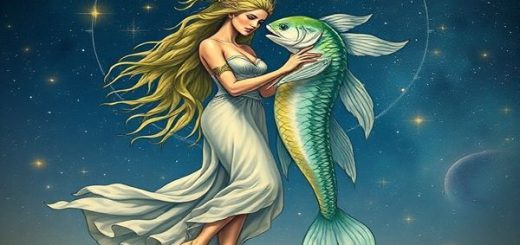 Create a high-definition image of Virgo and Pisces as celestial beings entwined in a harmonious dance under a starlit sky. Virgo is depicted as an earth elemental, radiating wisdom and grace, surrounded by lush greenery and symbols of nature. Pisces appears as a water elemental, adorned with flowing waves and marine life, embodying dreaminess and intuition. Their energies blend seamlessly, creating a tapestry of colors and textures that represent their emotional bond. The background features constellations and soft, glowing stars, evoking a sense of mystical connection and unity in the universe.