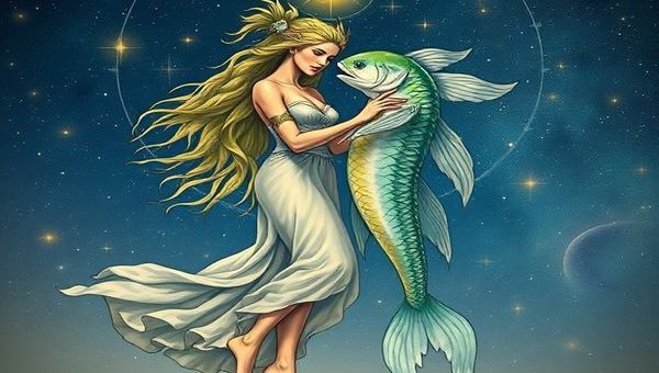 Create a high-definition image of Virgo and Pisces as celestial beings entwined in a harmonious dance under a starlit sky. Virgo is depicted as an earth elemental, radiating wisdom and grace, surrounded by lush greenery and symbols of nature. Pisces appears as a water elemental, adorned with flowing waves and marine life, embodying dreaminess and intuition. Their energies blend seamlessly, creating a tapestry of colors and textures that represent their emotional bond. The background features constellations and soft, glowing stars, evoking a sense of mystical connection and unity in the universe.