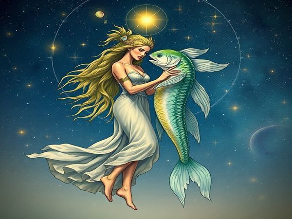 Create a high-definition image of Virgo and Pisces as celestial beings entwined in a harmonious dance under a starlit sky. Virgo is depicted as an earth elemental, radiating wisdom and grace, surrounded by lush greenery and symbols of nature. Pisces appears as a water elemental, adorned with flowing waves and marine life, embodying dreaminess and intuition. Their energies blend seamlessly, creating a tapestry of colors and textures that represent their emotional bond. The background features constellations and soft, glowing stars, evoking a sense of mystical connection and unity in the universe.