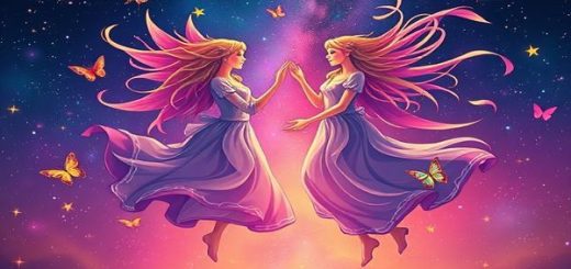 Create a high-definition image of Gemini and Libra as celestial siblings in a vibrant, star-filled cosmos. Depict Gemini as playful twins, dancing with the winds, surrounded by butterflies and a kaleidoscope of colorful ideas. Illustrate Libra as a graceful figure gliding effortlessly, dressed in flowing robes, with an aura of harmony and beauty, embodying balance among the stars. Show them engaging in joyful conversation, with swirling patterns of air weaving between them, symbolizing their connection. The backdrop should reflect a magical twilight sky, creating a serene yet dynamic atmosphere that highlights their enchanting relationship.