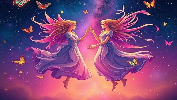 Create a high-definition image of Gemini and Libra as celestial siblings in a vibrant, star-filled cosmos. Depict Gemini as playful twins, dancing with the winds, surrounded by butterflies and a kaleidoscope of colorful ideas. Illustrate Libra as a graceful figure gliding effortlessly, dressed in flowing robes, with an aura of harmony and beauty, embodying balance among the stars. Show them engaging in joyful conversation, with swirling patterns of air weaving between them, symbolizing their connection. The backdrop should reflect a magical twilight sky, creating a serene yet dynamic atmosphere that highlights their enchanting relationship.