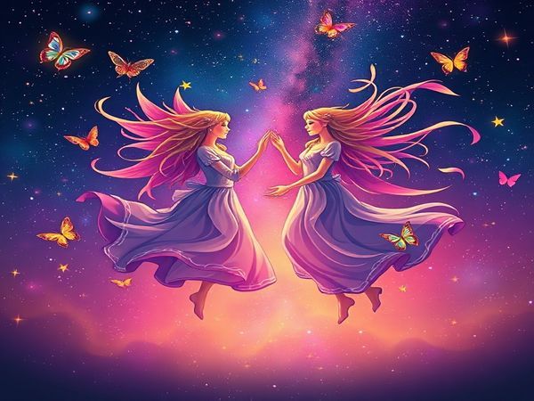 Create a high-definition image of Gemini and Libra as celestial siblings in a vibrant, star-filled cosmos. Depict Gemini as playful twins, dancing with the winds, surrounded by butterflies and a kaleidoscope of colorful ideas. Illustrate Libra as a graceful figure gliding effortlessly, dressed in flowing robes, with an aura of harmony and beauty, embodying balance among the stars. Show them engaging in joyful conversation, with swirling patterns of air weaving between them, symbolizing their connection. The backdrop should reflect a magical twilight sky, creating a serene yet dynamic atmosphere that highlights their enchanting relationship.