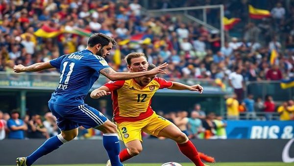 A dynamic football scene capturing the intense clash between Bosnia and Herzegovina and Romania during their World Cup qualifier match. Showcase the contrasting styles: Bosnia's gritty determination with players like Edin Džeko and Miralem Pjanic fiercely battling for possession, against Romania’s technical flair, featuring Nicolae Stanciu and Ianis Hagi executing a swift, artistic counterattack. Imagine a vibrant stadium filled with passionate fans, flags waving, and an electrifying atmosphere. Ensure the scene is in high definition.